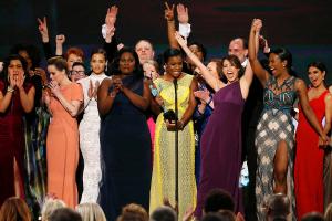 UZO ADUBA OF THE NETFLIX SERIES "ORANGE IS THE NEW BLACK" ACCEPTS THE AWARD FOR OUTSTANDING PERFORMANCE BY AN ENSEMBLE IN A COMEDY SERIES ALONG WITH HER FELLOW CAST MEMBERS AT THE 21ST ANNUAL SCREEN ACTORS GUILD AWARDS IN LOS ANGELES