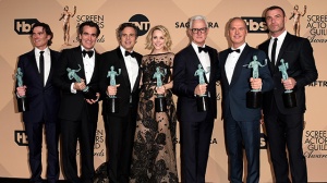 LOS ANGELES, CA - JANUARY 30: (L-R) Actors Billy Crudup, Brian d'arcy James, Mark Ruffalo, Rachel McAdams, John Slattery, Michael Keaton and Liev Schreiber, winners of the award for Outstanding Performance by a Cast in a Motion Picture for "Spotlight," pose in the press room during The 22nd Annual Screen Actors Guild Awards at The Shrine Auditorium on January 30, 2016 in Los Angeles, California. 25650_015 (Photo by Jason Merritt/Getty Images for Turner)